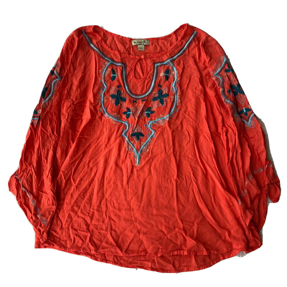 One World Blouse Sz LP Petite Coral 3/4 Sleeve Colorful Casual Summer Fun Women
